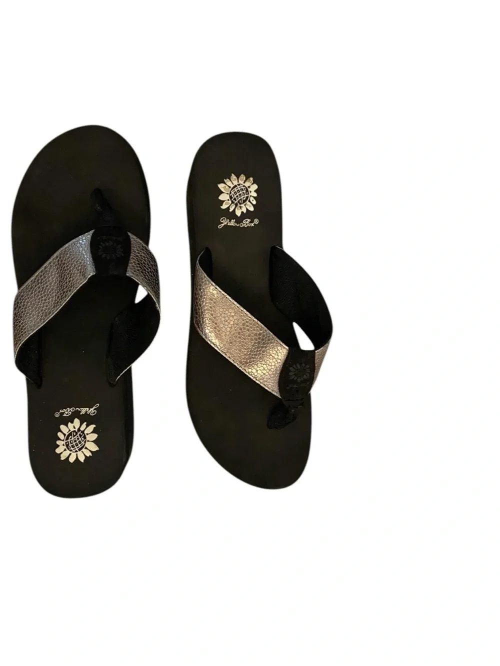 Y2K 90s Yellow Box flip flops silver metallic  pebbled straps platform Thongs - Picture 6 of 11